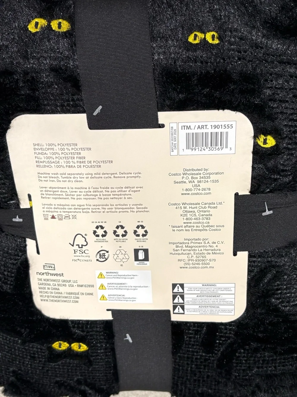 Embroidered  Black Faux Fur Throw with Yellow Cat-Eye Embroidery Halloween NWT